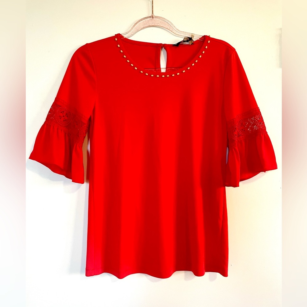 Karl Lagerfeld Bell Sleeve Wood Embelished Top NWT